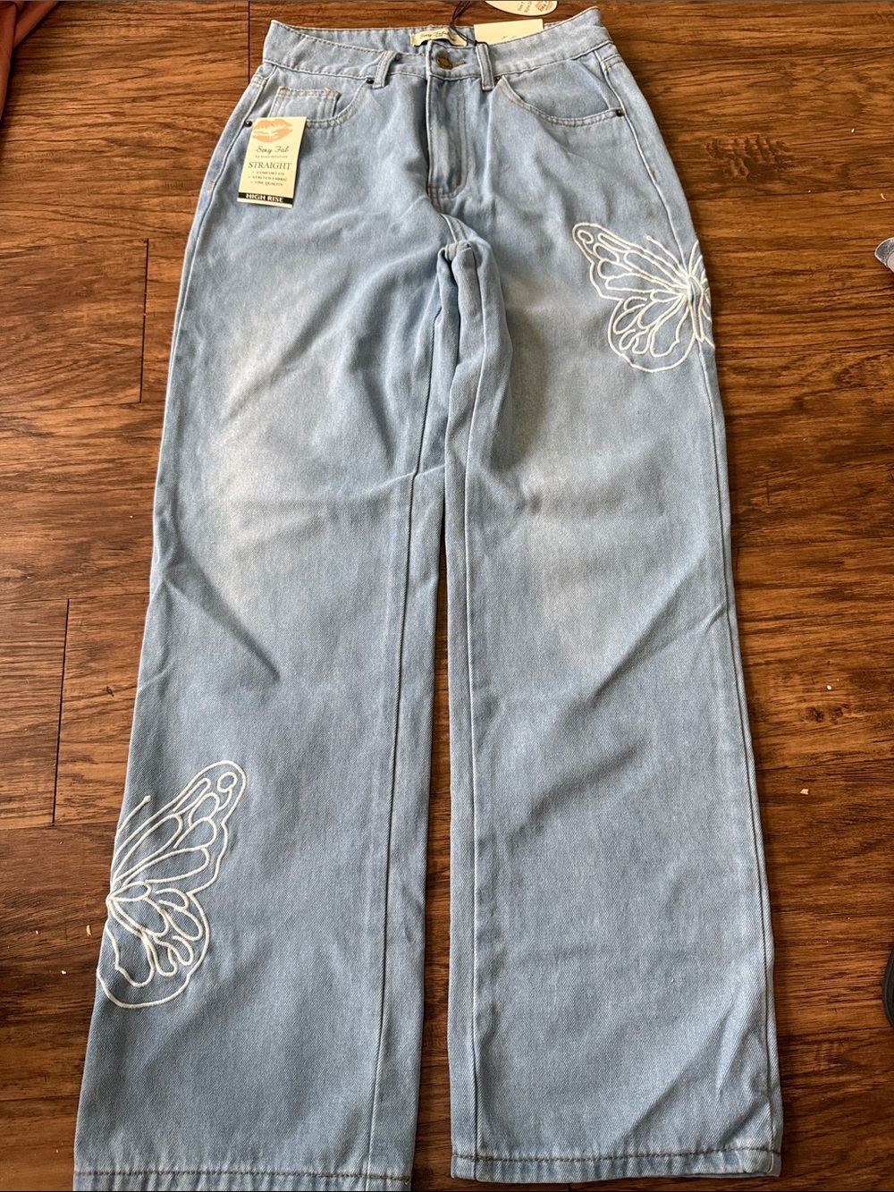 Straight Leg Light Blue Butterfly Embroidered Women’s Jeans